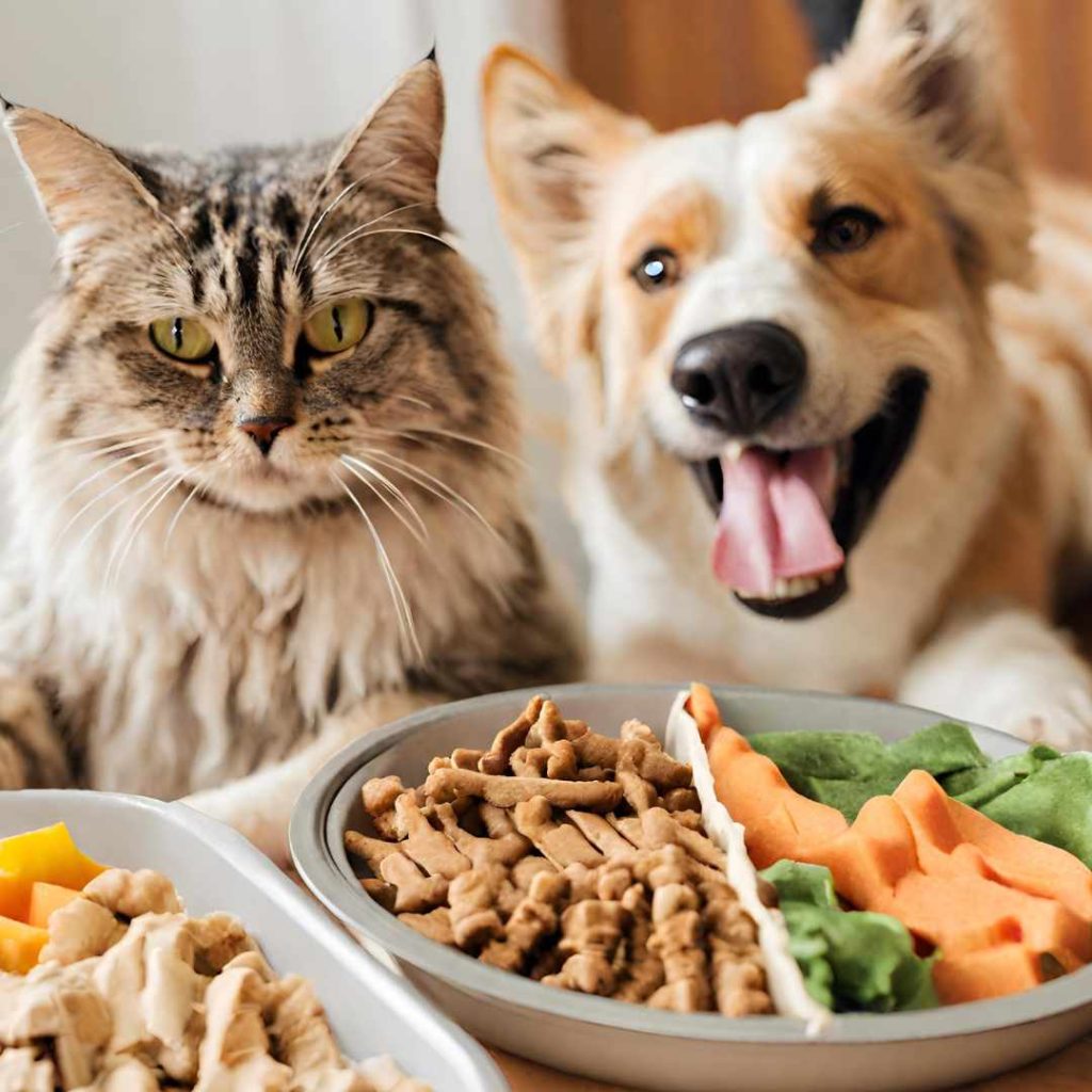 perro y gato contentos por su plato de comida que es muy saludable