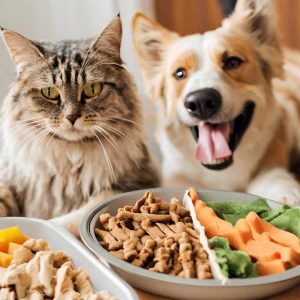 perro y gato contentos por su plato de comida que es muy saludable