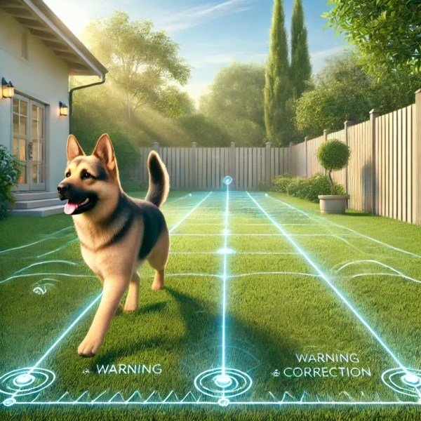 Perro paseando con un jardín con el cable de la valla invisible enterrado y haciendo un croquis de las zonas de aviso