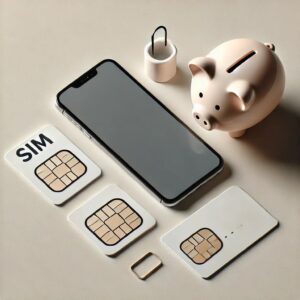 tarjetas prepago junto un teléfono móvil y una hucha de un cerdito para pagar por uso
