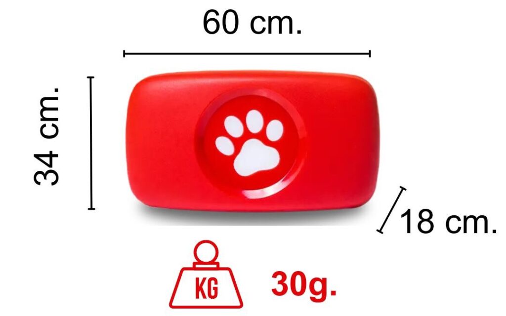 GPS para perros de color rojo, con infografía de peso (30g.) y medidas 60x34x18cm.
