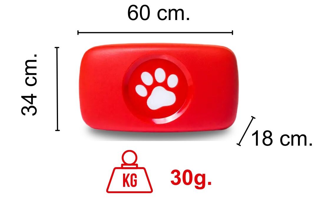 Dispositivo GPS para perros de color rojo con infografía de medidas (60x34x18cm) y con un peso de 30 gramos.