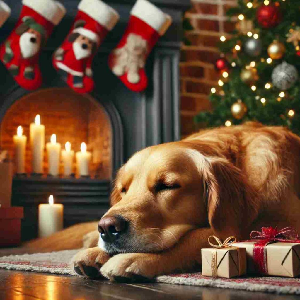 Un perro relajado junto a la chimenea y arbol de navidad
