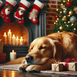 Un perro relajado junto a la chimenea y arbol de navidad