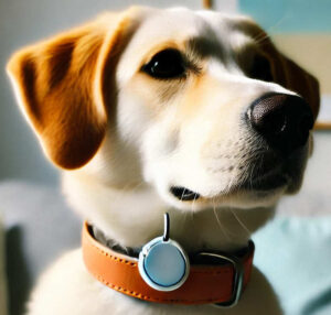 Perro con un localizador GPS airtag de apple