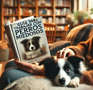 Un perro en el regazo de un señor que está leyendo un libro sobre como calmar a los perros miedosos