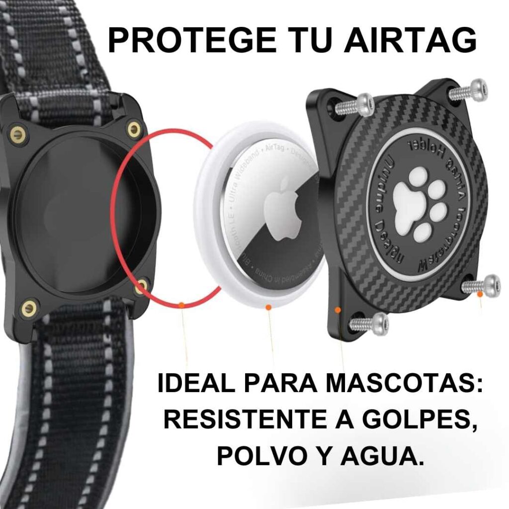 Infografía del detalle de una funda para convertir el airtag en un GPS para perros resistente