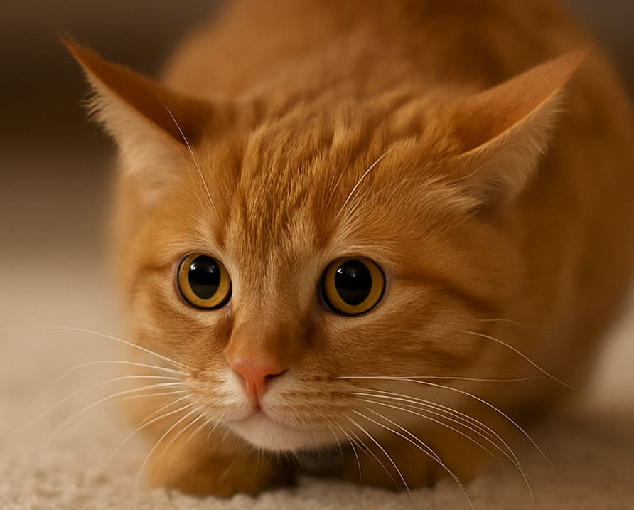 Gatito naranja con miedo en posición defensiva