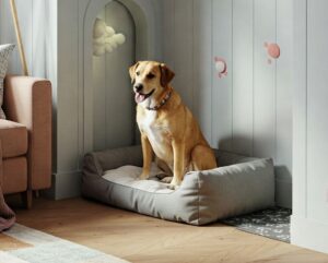Un perro en su cama en un rincón tranquilo de su hogar