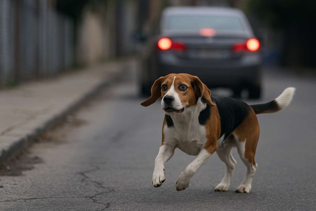 Un perro que se ha escapado corre inseguro por la carretera, donde se ve un coche de fondo